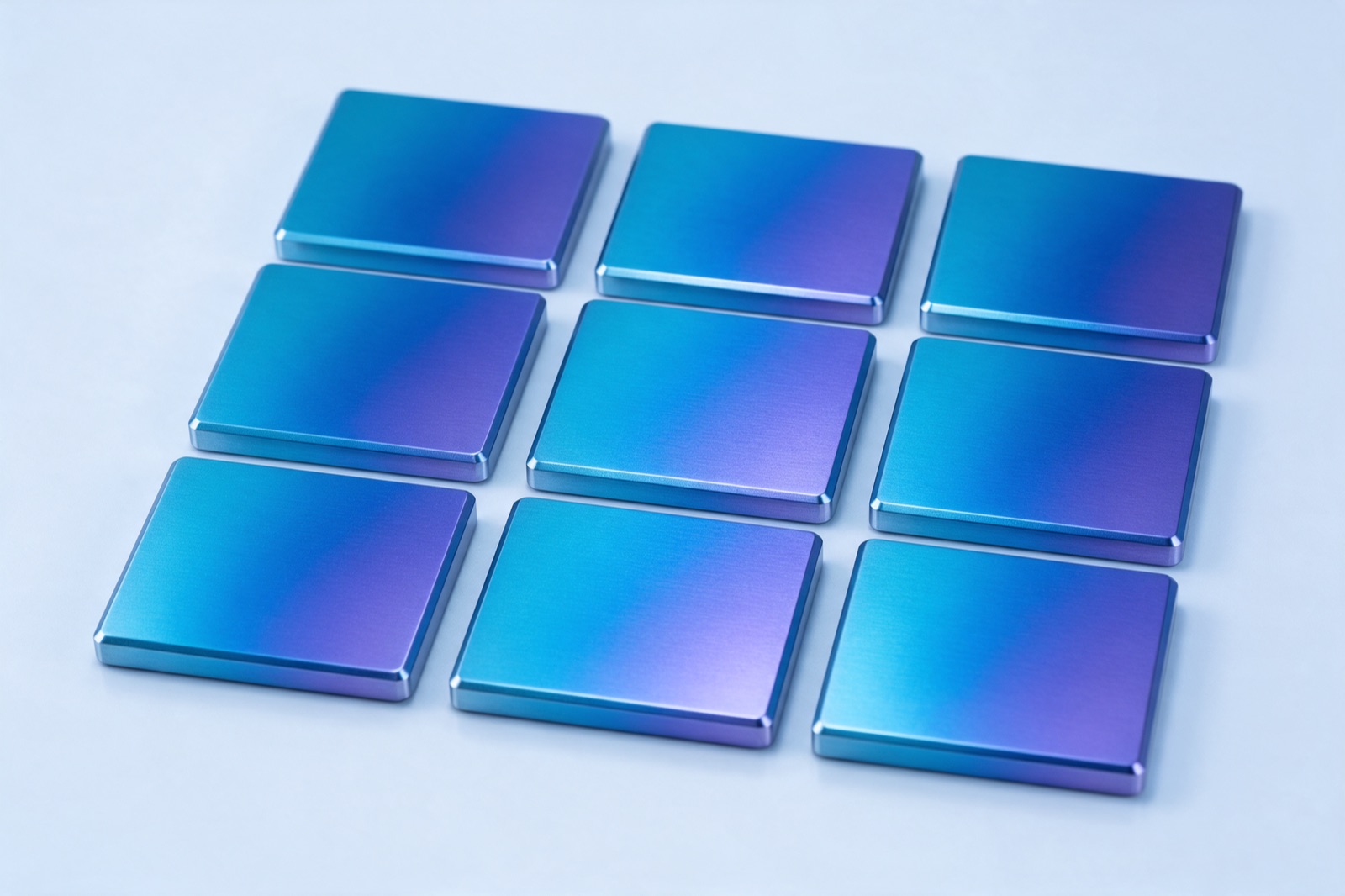 Nine identical milled aluminium tiles laid out in a precise grid, each anodised in the same cyan-to-violet gradient.
