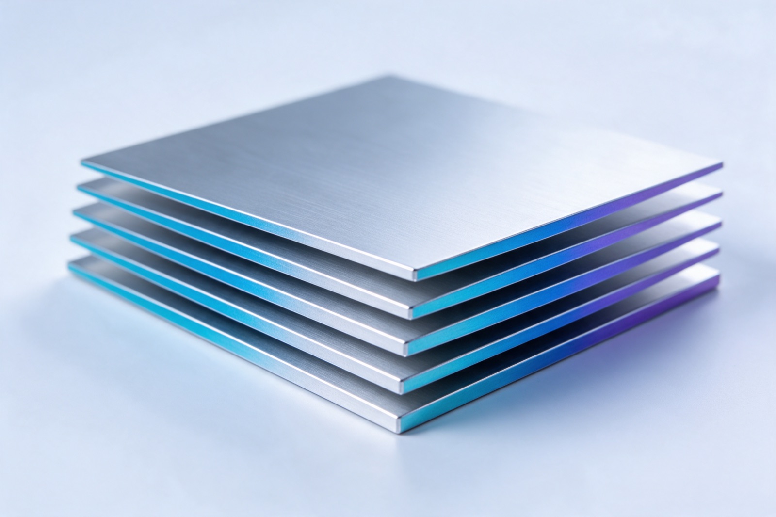 A stack of thin milled aluminium sheets fanned apart like pages, each edge anodised cyan to violet.
